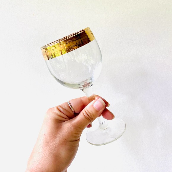 🐚SOLD🐚RARE Culver 22K Mid Century Stemmed Wine Glasses with a Gold and Aqua - Picture 8 of 9